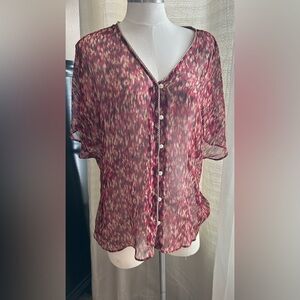 Women's Converse One Star L Sheer Chiffon Button Blouse Red Geometric